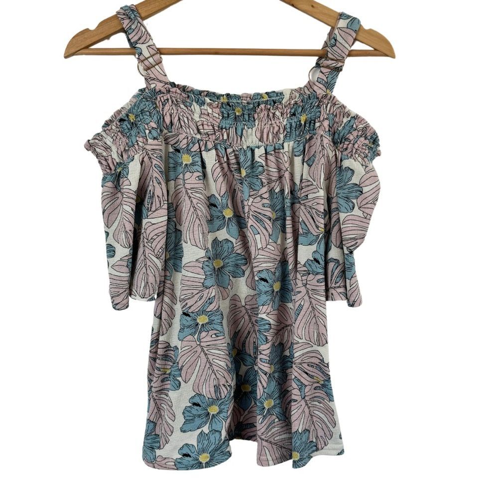 Melloday Floral Cold Shoulder Blouse Large Pink Blue Boho Top